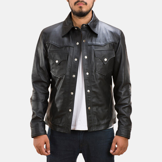 Men Rancho Button Black Leather Jacket