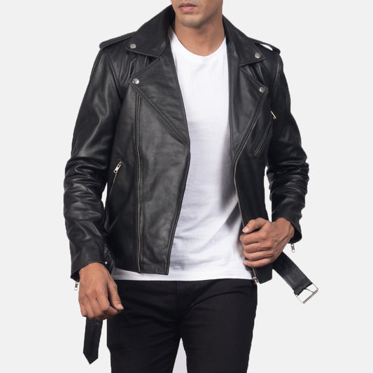 Men Black Leather Biker Jacket | Waist Belt